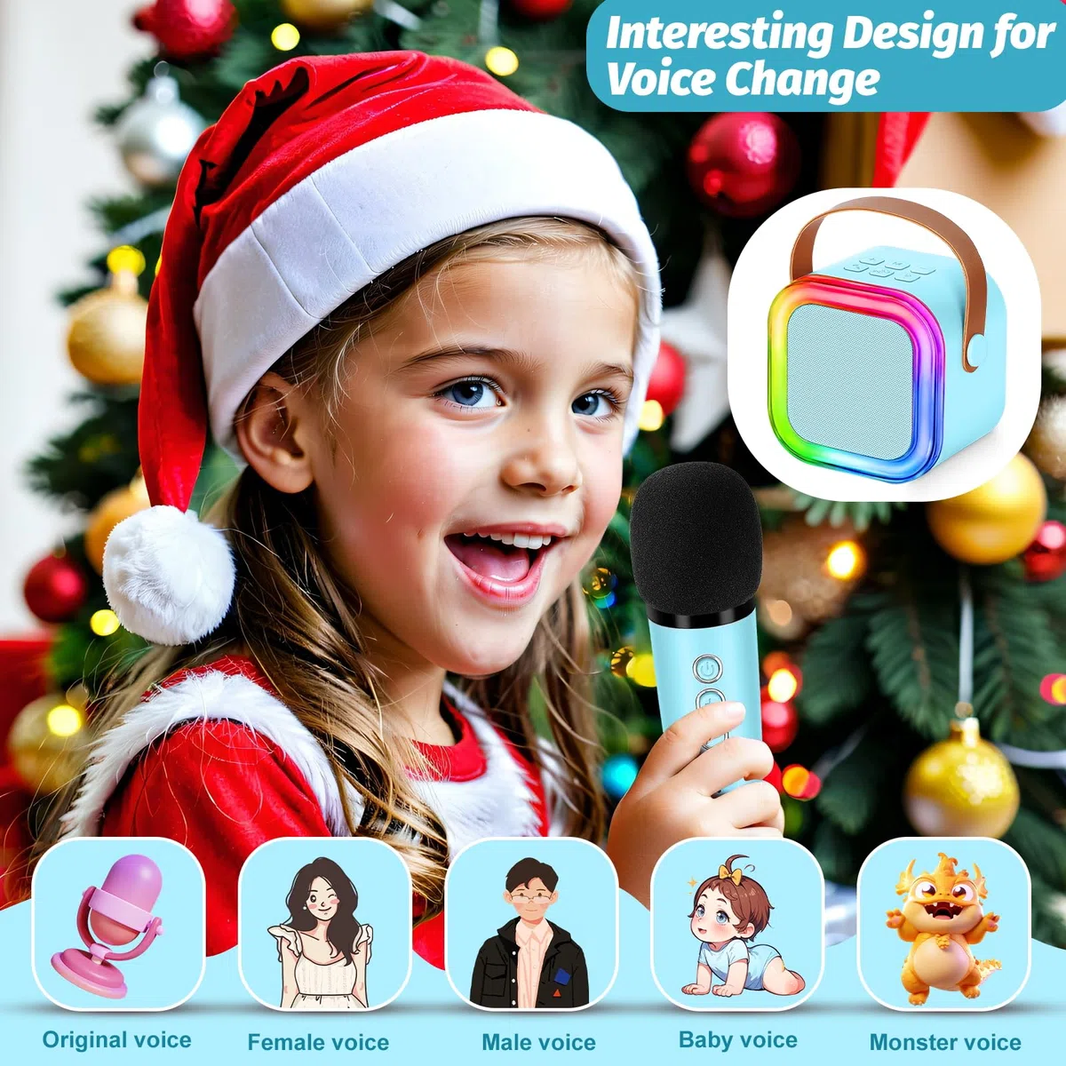 Karaoke Maschine für Kinder und Erwachsene, Mini Karaoke Mikrofon, kabellos, tragbarer Bluetooth-Lautsprecher mit Schwammüberzug, Geschenkspielzeug für Mädchen ab 4, 5, 6, 7, 8, 9, 10 (Blau)