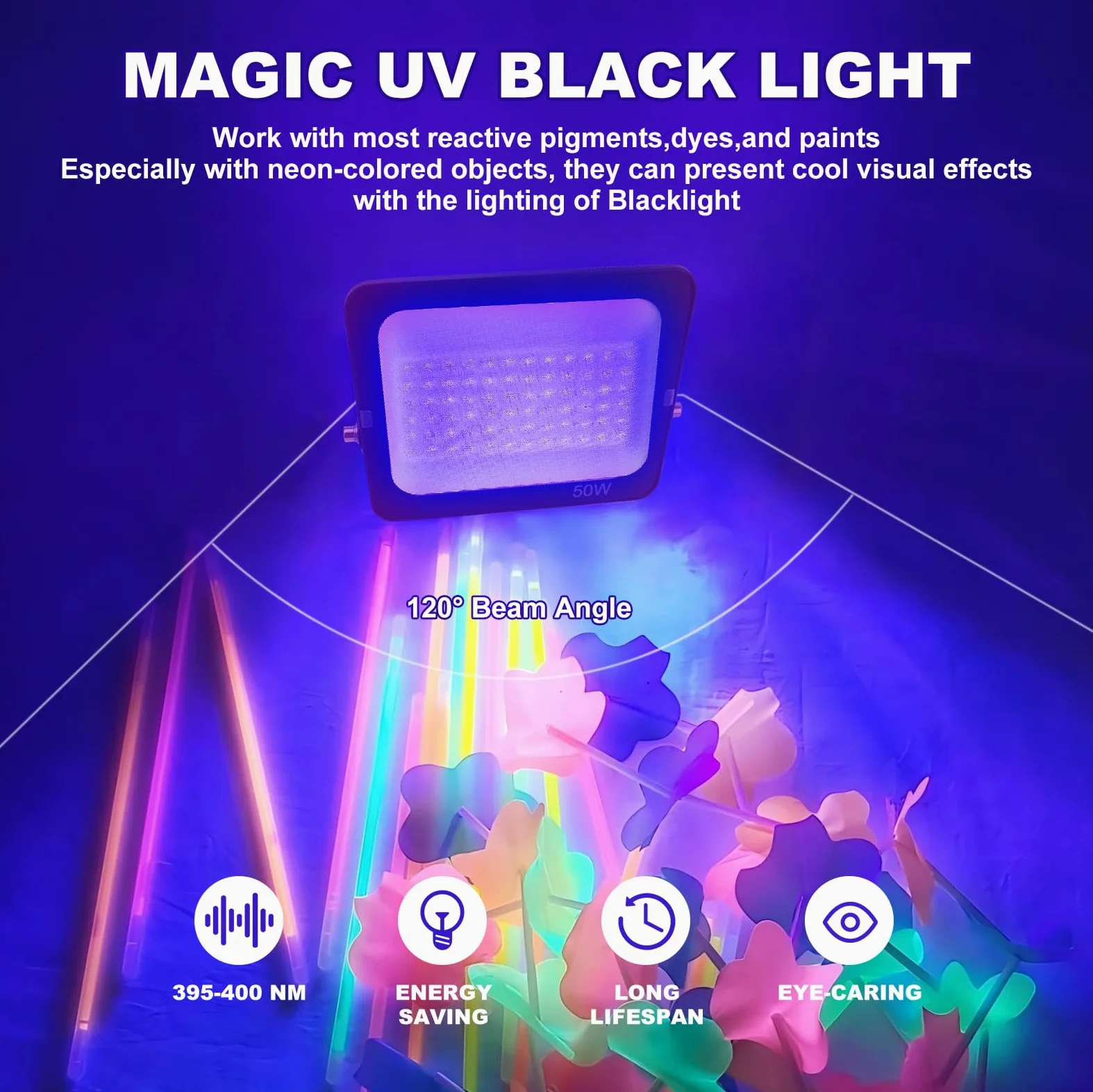 LED Schwarzlicht Strahler 50W,Fosingut UV Strahler Schwarzlichtlampe mit Stecker,IP65 Wasserdicht UV Fluter,395-400nm Partylicht Scheinwerfer für Körpermalerei,Neon/Glow Party,Halloween,Bühnen,Disco