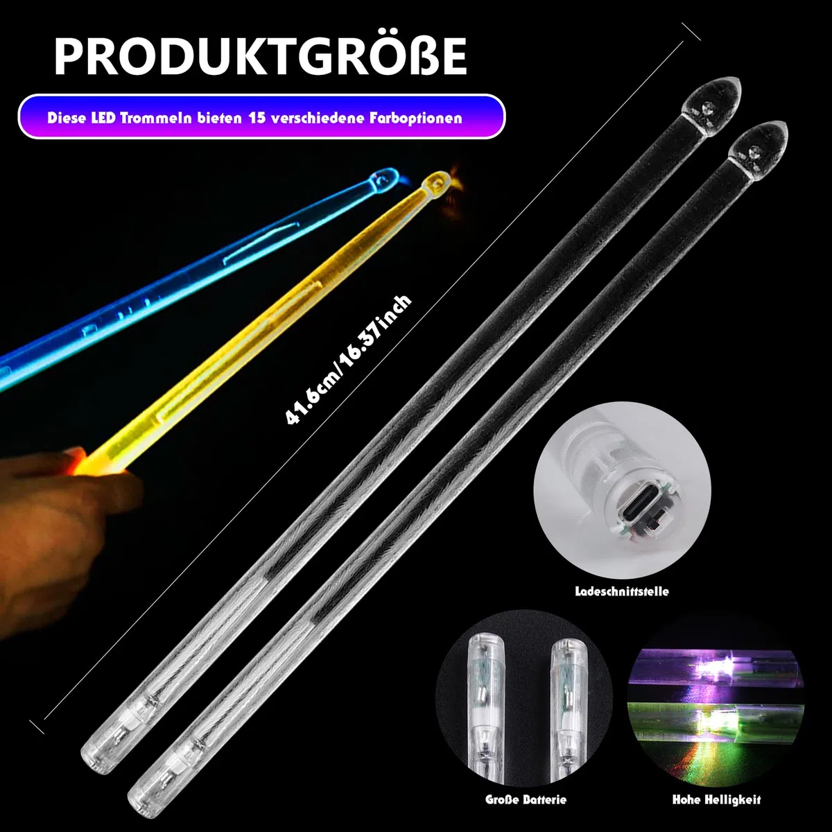 5A Drumsticks LED Leucht Trommelstock Aufladbar, Cool Leuchtende Schlagzeug Sticks aus PC-Polymermaterial für Drum Set, Perfekt für Percussion und Musikinstrumente,15 Farben (1 Paar)