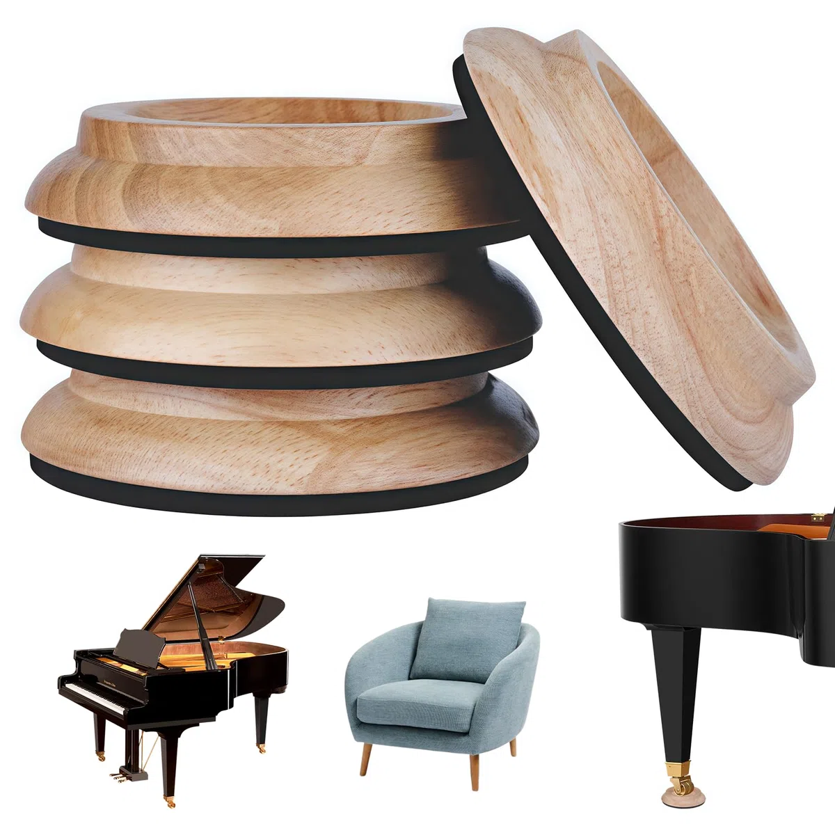 4 Stück Klavieruntersetzer: Holz Möbeluntersetzer, Rund Ø 10cm Klavier Tassen Untersetzer, Gummibaumholz Rutschfest Untersetzer, für Klavier, Möbeln, Sofas