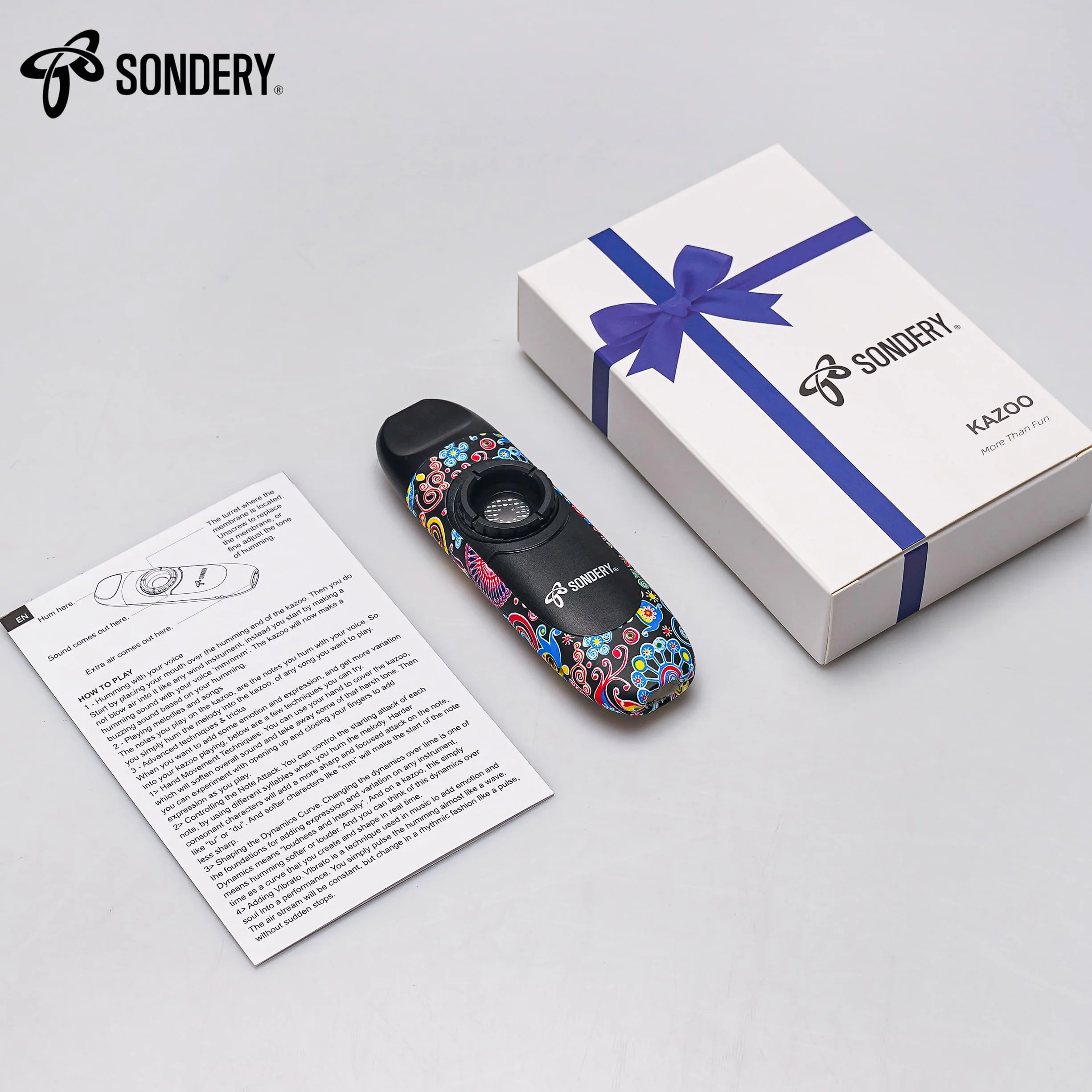 Sondery Kazoo für Kinder und Erwachsene mit 5 Membranen, Spitze zum Aufhängen am Hals und Tasche, ein Musikinstrument-Geschenk für alle Altersgruppen