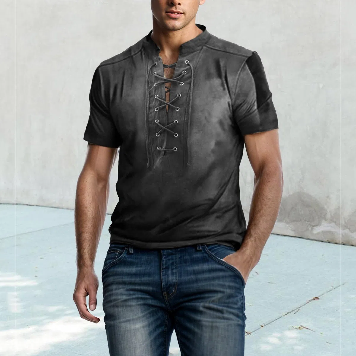 Herren Kurzarm Henley Shirt Männer Freizeithemd Vintage Casual Leicht T-Shirt mit Schnürung Beiläufig T Shirts Vintage Henley Pirate Shirt Männer Sommer Strandhemd