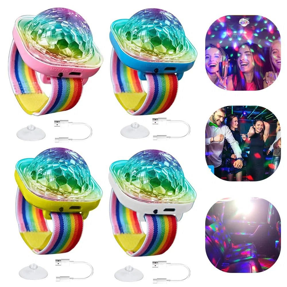 Discokugel Armband Partylicht, 4 Pack Musikgesteuert Disco Ball Licht USB Wiederaufladbar mit Saugnapf, Mini Led Licht Sternenhimmel Projektor Lampe, Disco Licht für Party Auto Tanzen DJ